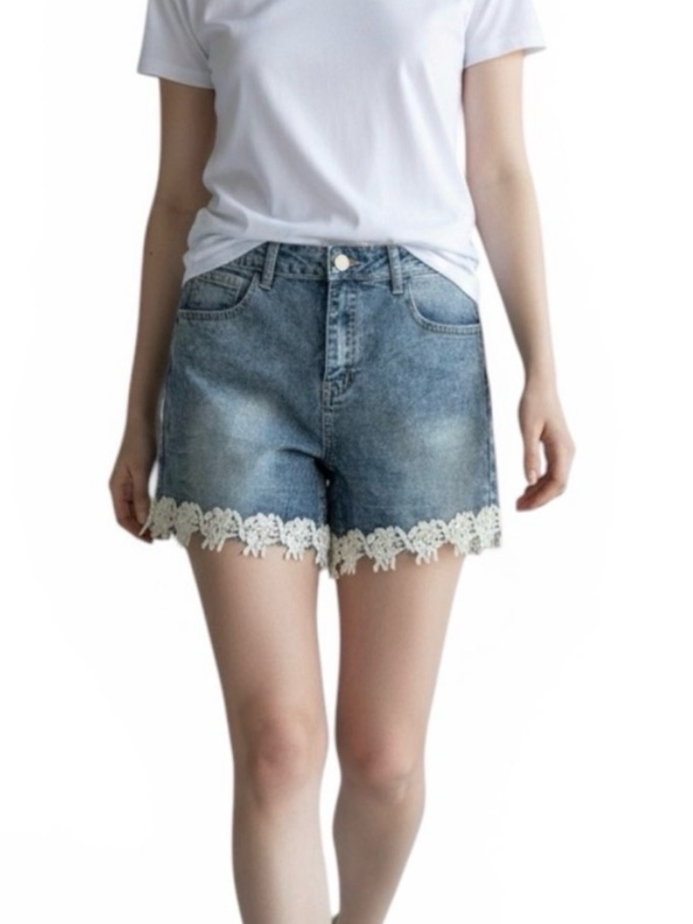 Women's Blue Denim Shorts Lace‎ Hem Size XL Regular 34" Waist 5-Pocket Zip